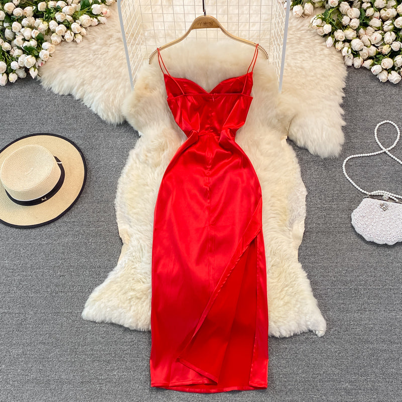 V-neck suspender dress fashion medium length split Hip Bag  3129