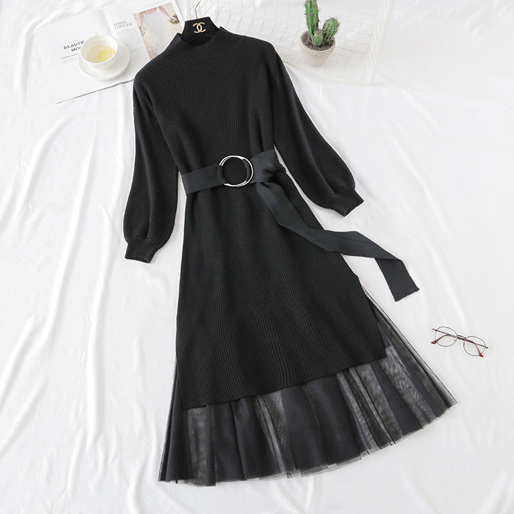 Knitted dress, women's French retro skirt, fashion suit, waist closing, thin temperament  2291