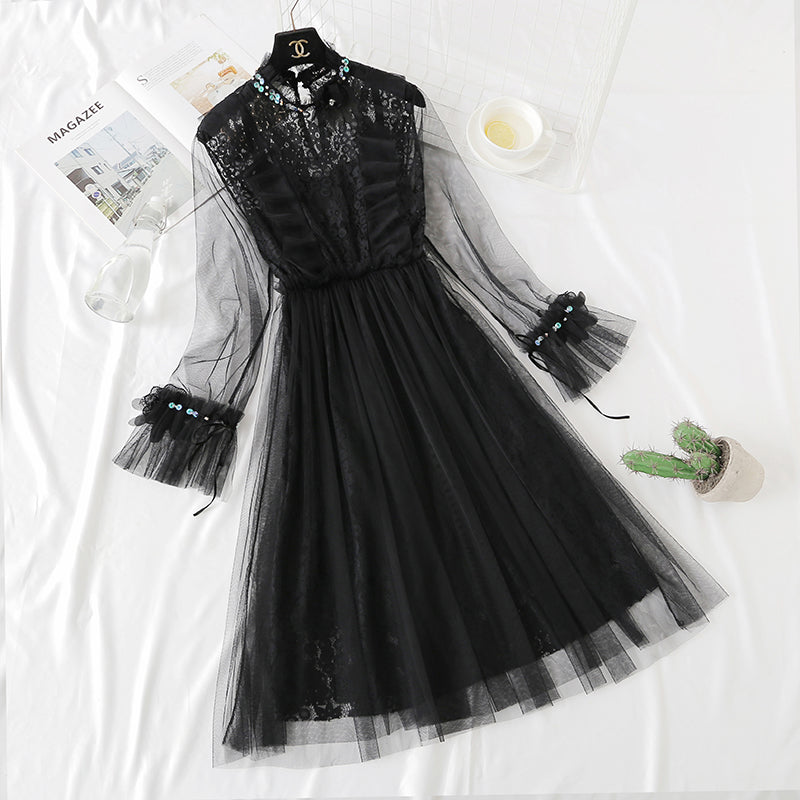 Heavy industry three-dimensional flower lace dress fairy mesh two-piece set  2466