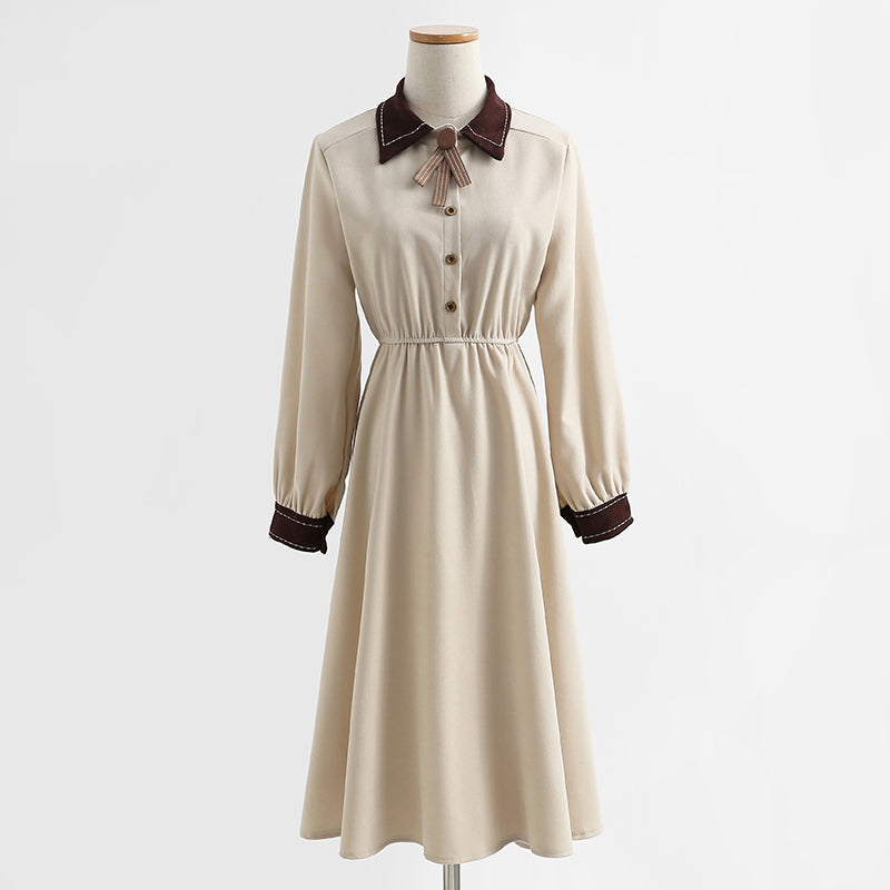 Long sleeved dress, academic style, thin temperament, knee length skirt, French long skirt, female  2159