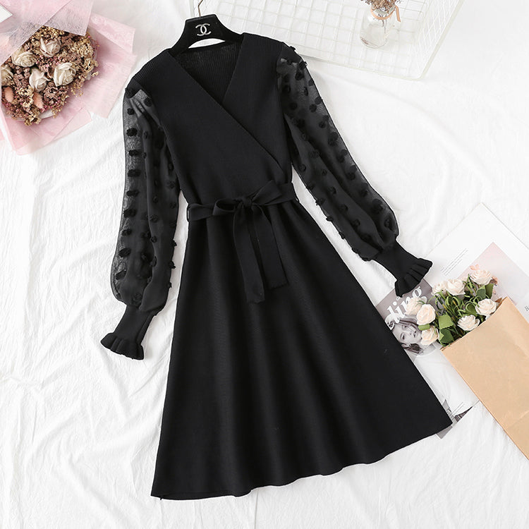 Small fragrance skirt children's French retro waist shows thin temperament V-neck  2145