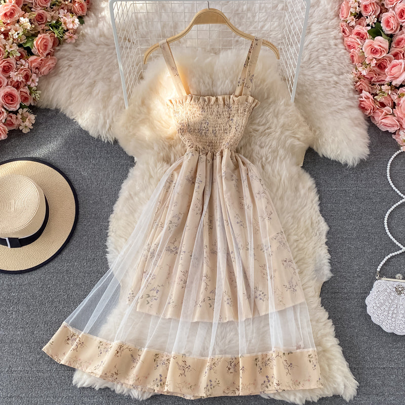 Gentle wind first love broken flower suspender dress  3336
