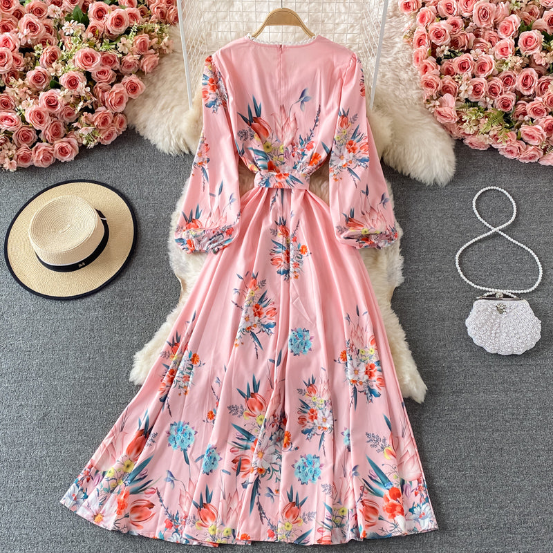 Court Style Vintage Lace Up waist slim print Crew Neck Dress  3211