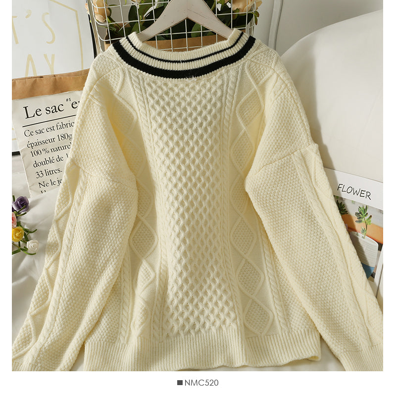 Pull femme à carreaux losanges pull ample et fin col V coréen 1863
