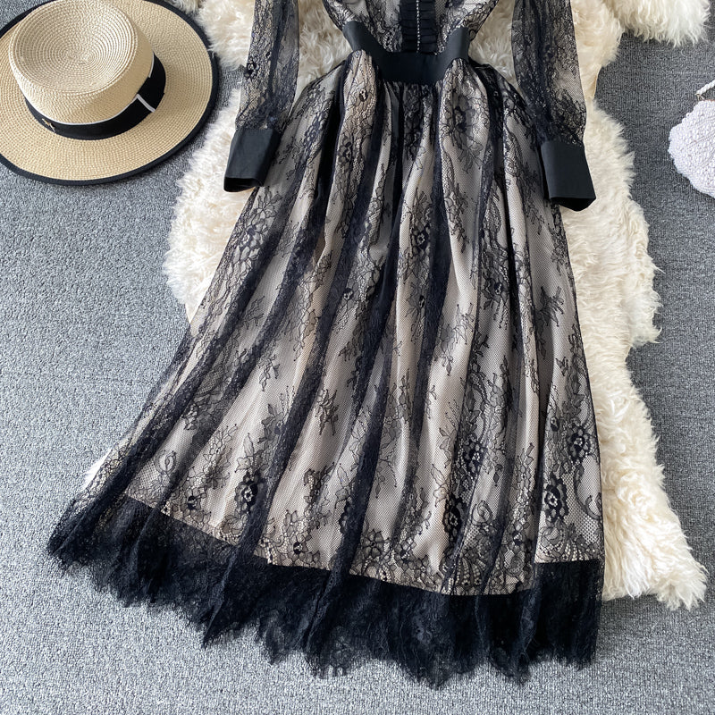 Mesh stitched Lace Waist high-end solid dress  3181