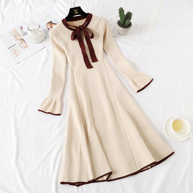 Knitted dress women's new French retro knee length wool dress  2144