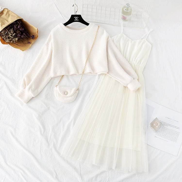 Woolen suit long skirt two-piece sling mesh with bottom dress  2154