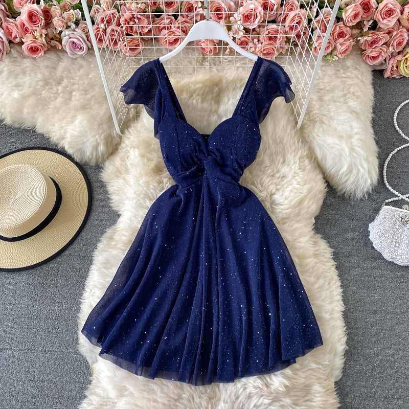 Sexy slim Sequin low cut V-neck A-line dress  2769