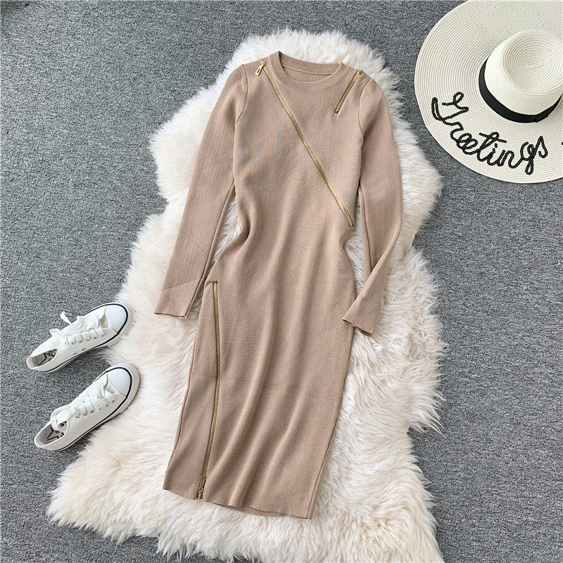 Round neck knitted dress with buttocks and bottomed wool skirt  3133