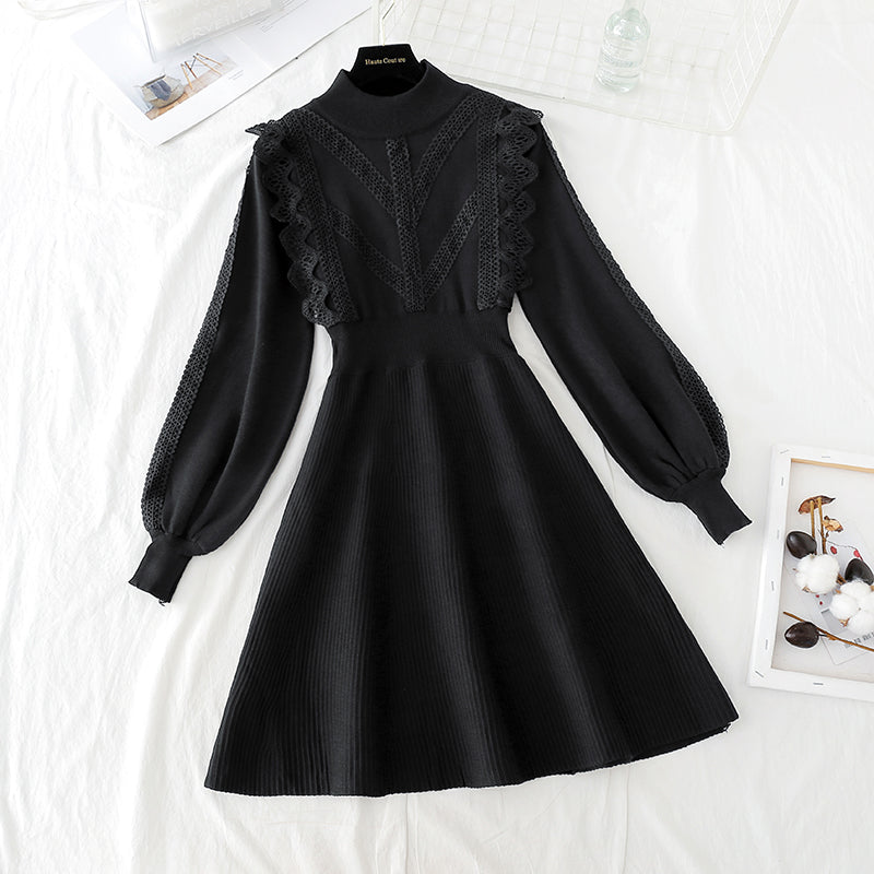 Knitted sweater dress women's new French waistband looks thin and retro Hepburn  2147