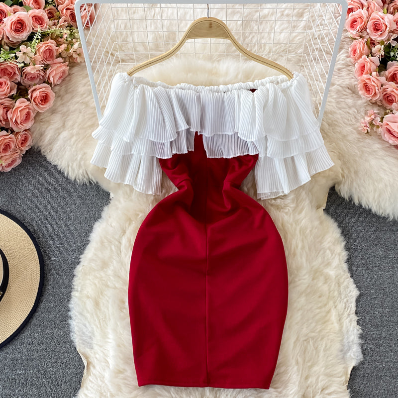 Straight neck off shoulder temperament Hepburn wrap hip short skirt  3209