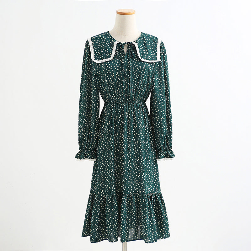 Slim baby collar coffee floral dress lace up dress  2321