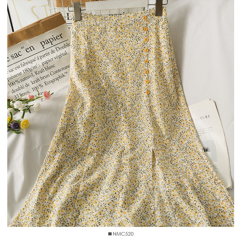 Mittellanger Retro-Rock mit hoher Taille und schmaler Brust und Blumenmuster 2575