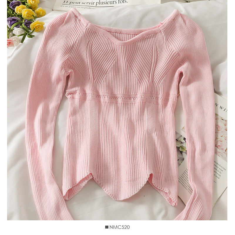 Irregular tight long sleeved foreign style sweater, women's straight shoulder exposed collarbone, versatile  1938