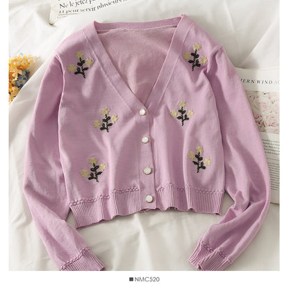 Vintage bestickter kurzer Cardigan einreihiger Langarmpullover 1811