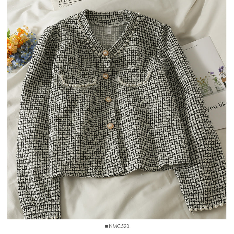 Petit cardigan court en tweed à simple boutonnage petit manteau 2092