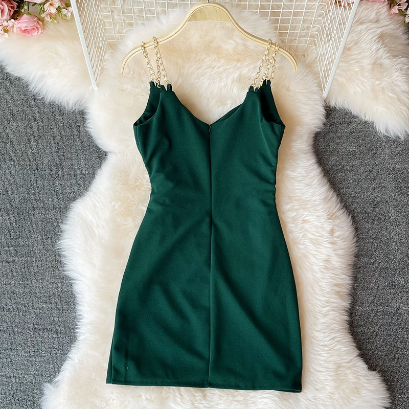 Slim wrap hip skirt low chest V-neck dress  2767