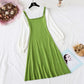 New French retro color matching college slim bottomed sweater long skirt  2424