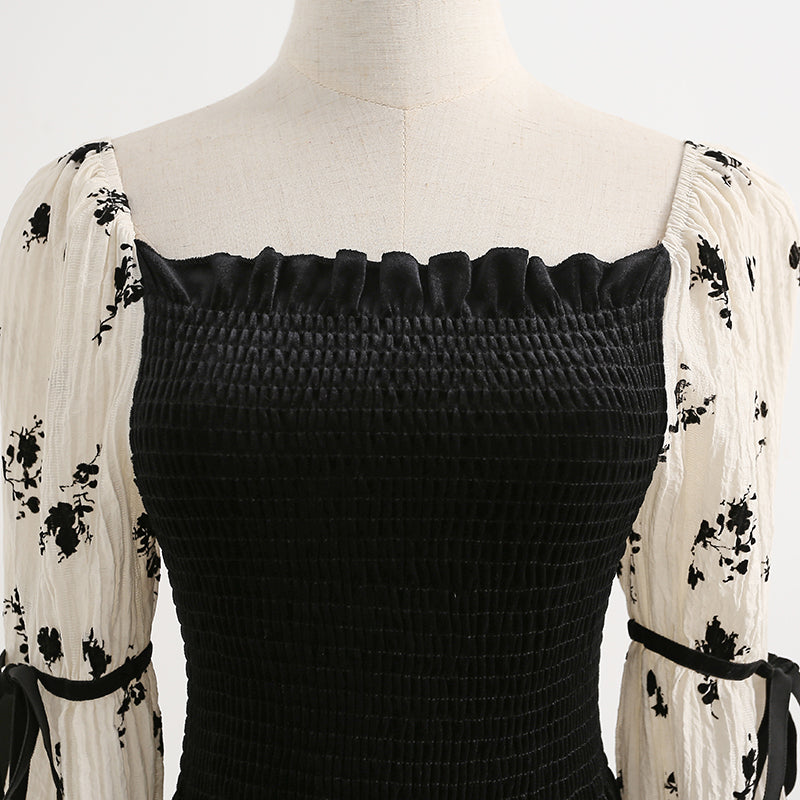 Floral dress long sleeves show thin temperament velvet skirt long skirt  2190