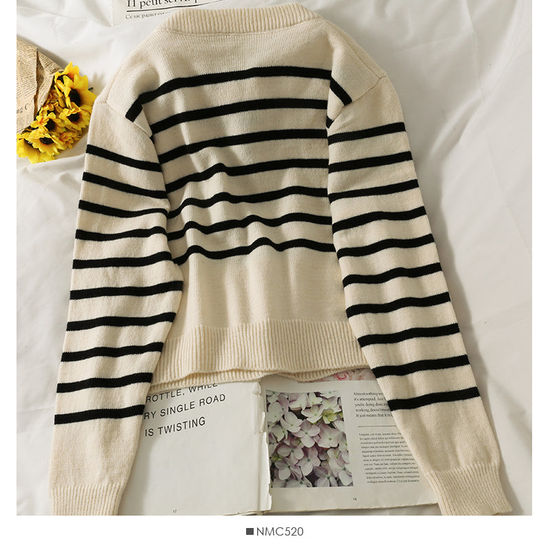 Stripe short loose thin single breasted cardigan women's sweater  2006