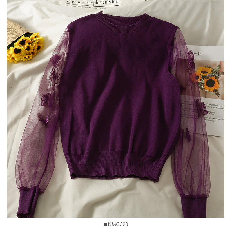 Mesh stitched three-dimensional butterfly long sleeve Pullover Sweater for women  2049