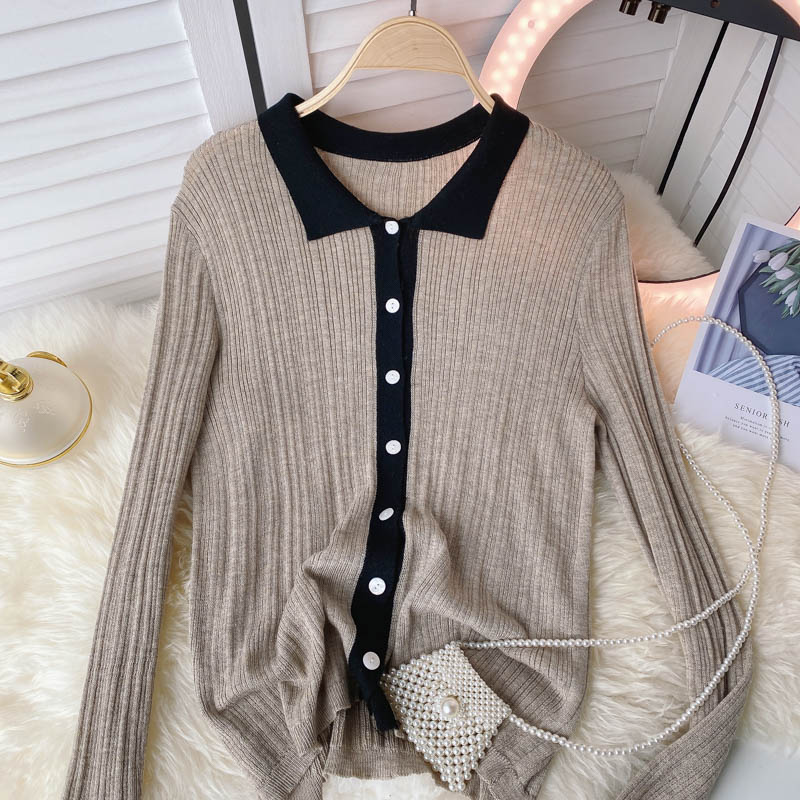 Herbstneuer einreihiger Polokragen-Kontrast-Langarmpullover 1591