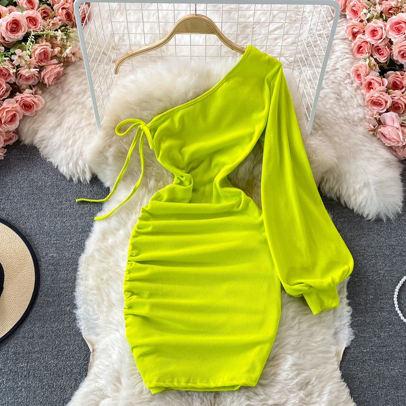 Sexy diagonal neck off shoulder one-sided dress  2738