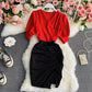 Light familiar commuter V-neck Pleated Dress  3291