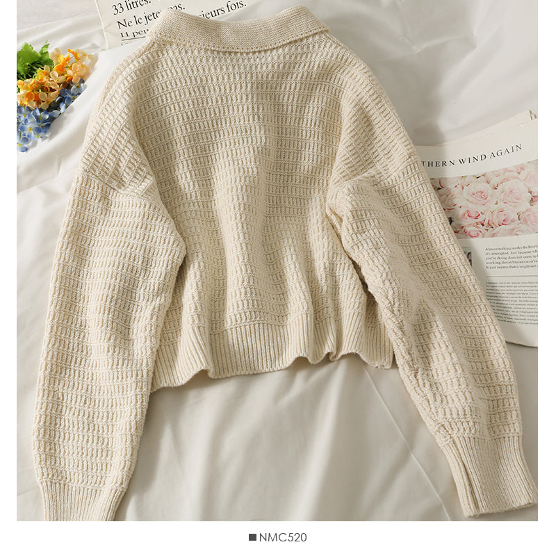 Vintage Revers Langarm einreihige Strickjacke lockerer Pullover 1743