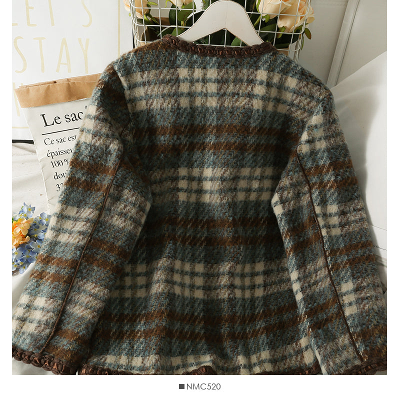 Veste en laine à simple boutonnage pour femme style Hong Kong Vintage Plaid 2124