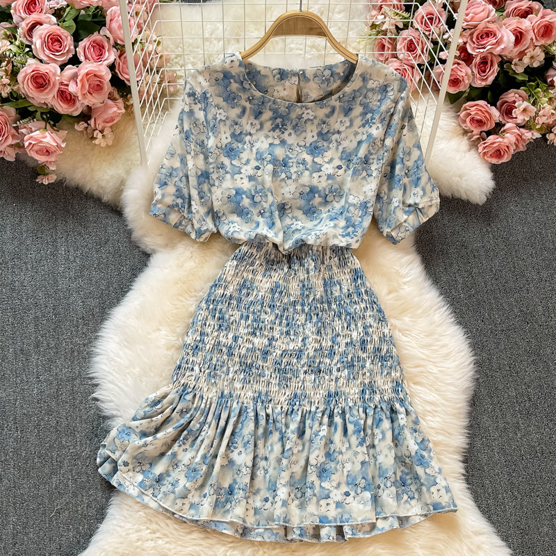 Round neck short sleeve Floral Chiffon fishtail dress  2894