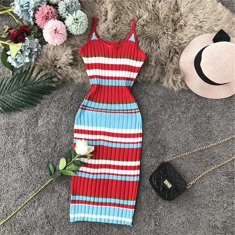 Hip Wrap color stripe suspender knit dress  3278