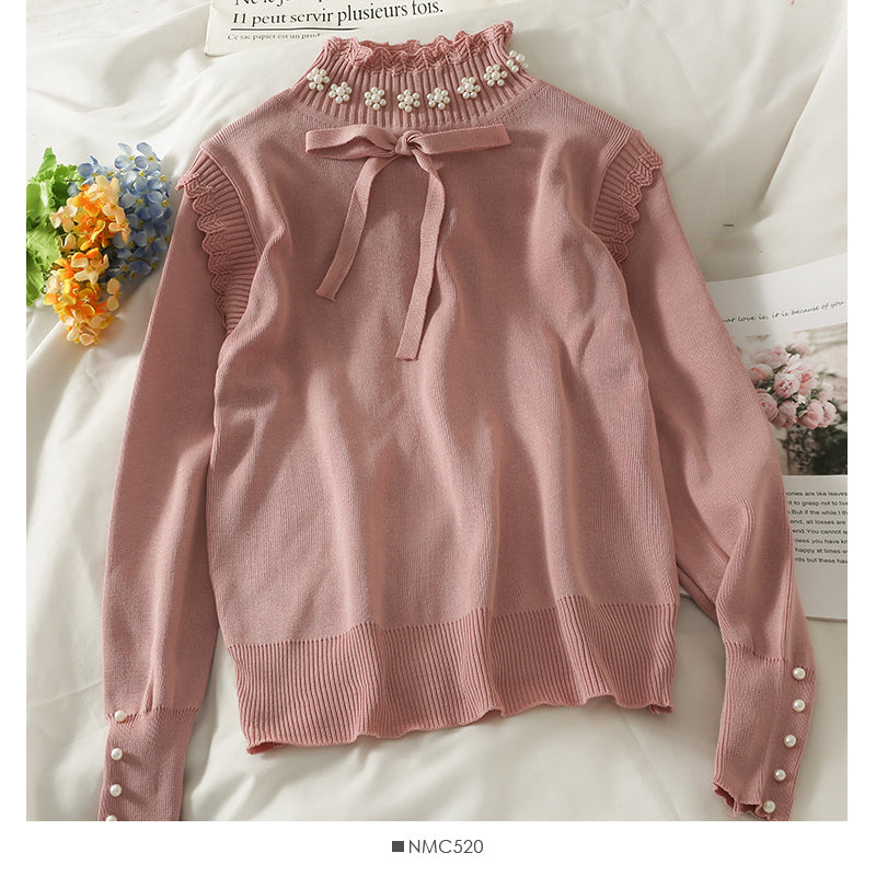 Sweet Wind Nail Bead Fliege Stehkragen Pullover Top 1822