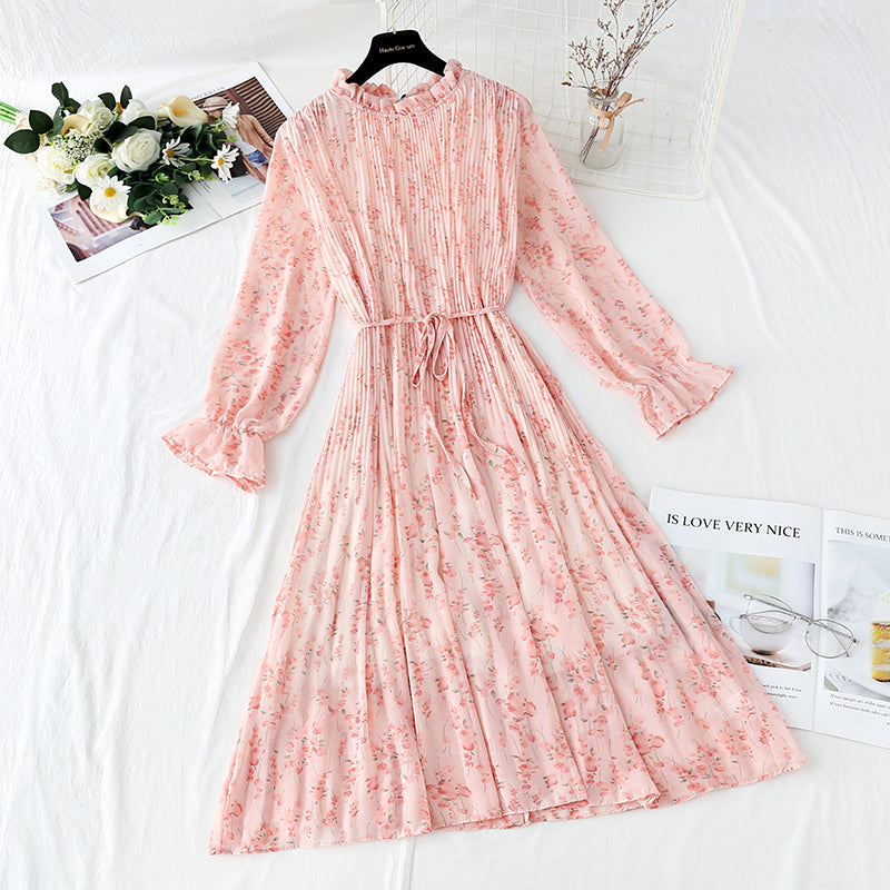 Dress women's French retro pleated waist slim dress  2167