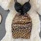 Sexy Leopard stitching contrast backless strapless dress  3376