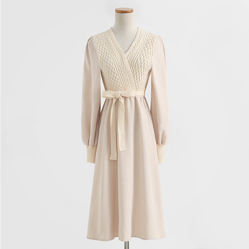 Knitted dress temperament high sense lace up wool dress inner match  2325