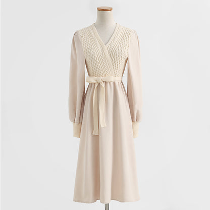 Knitted dress temperament high sense lace up wool dress inner match  2325