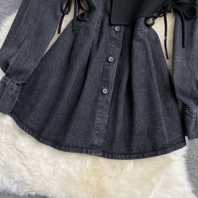 Slim waist, fake two waistcoats, lapel denim dress  3116