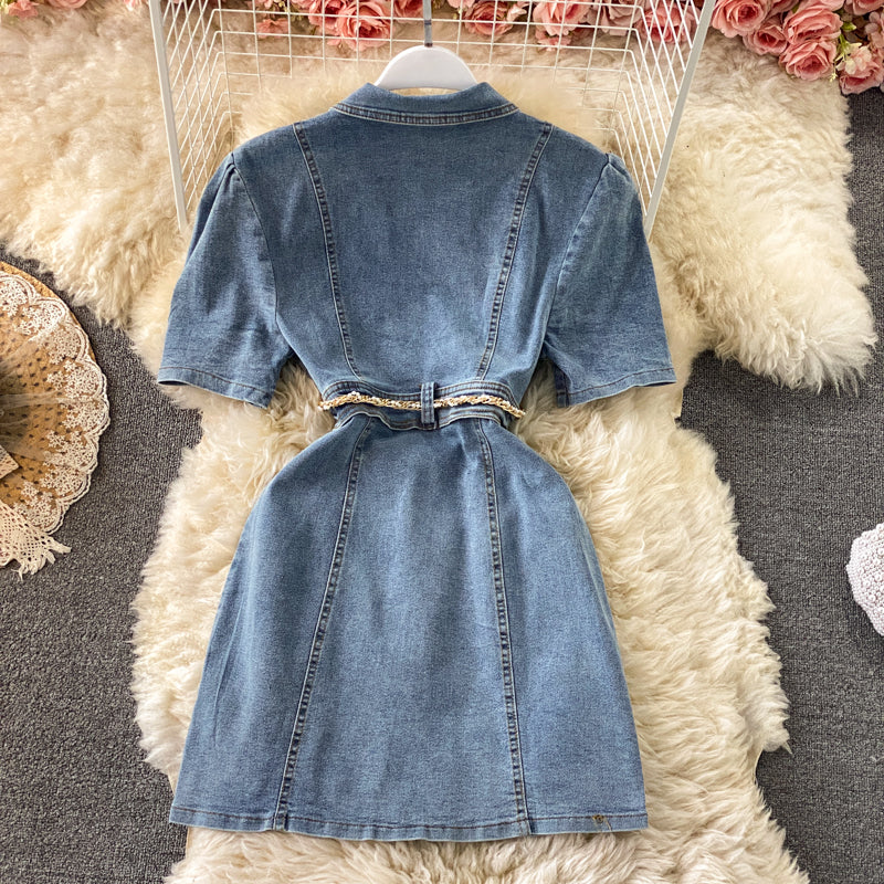 Bubble sleeve Lapel denim dress  2965