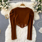 French retro velvet niche V-neck zipper bubble sleeve  1557