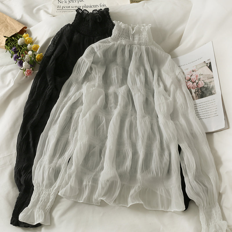 Versatile Pleated Chiffon shirt perspective bottoming shirt  1703