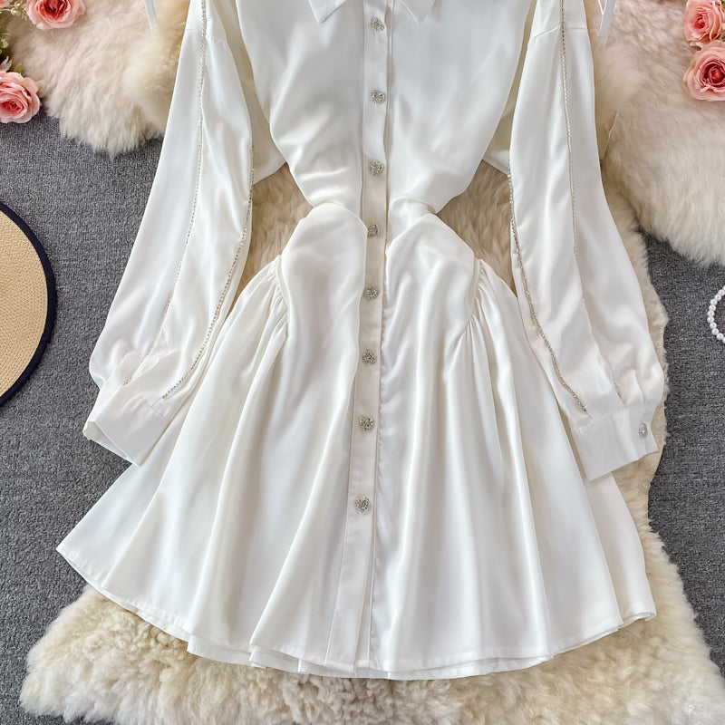 Slim long sleeve A-line shirt skirt waist puffy dress  3356