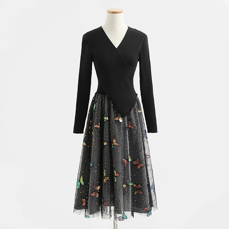 New long skirt fairy mesh embroidery temperament French small black skirt  2198