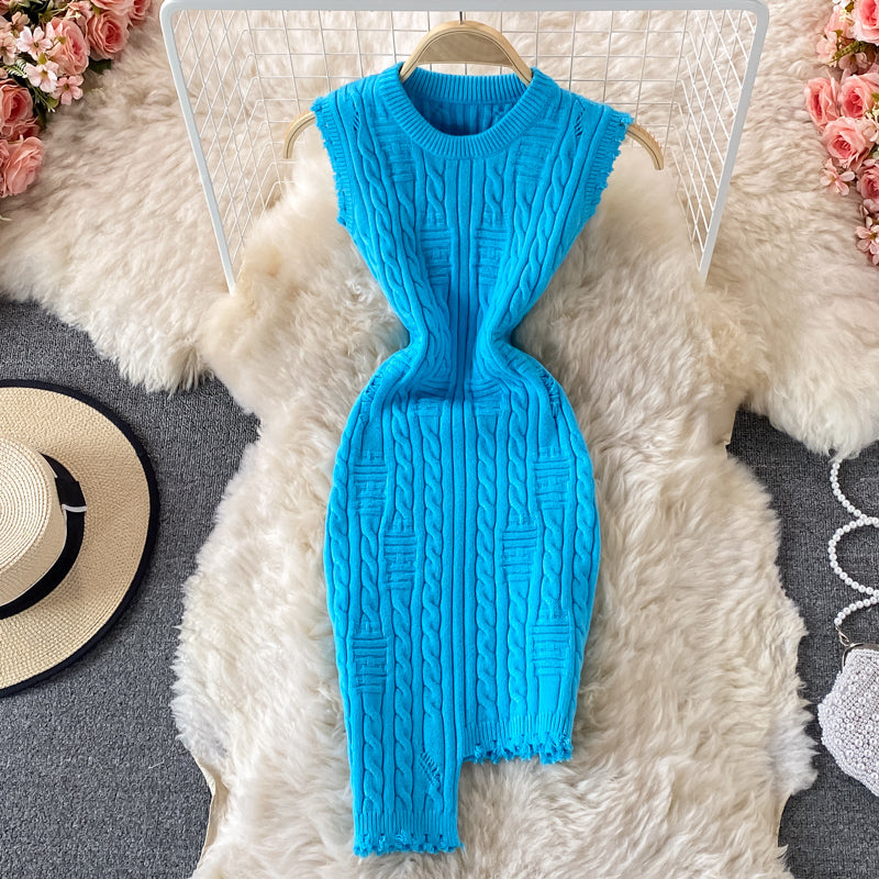 Irregular sleeveless vest knitted dress  2712