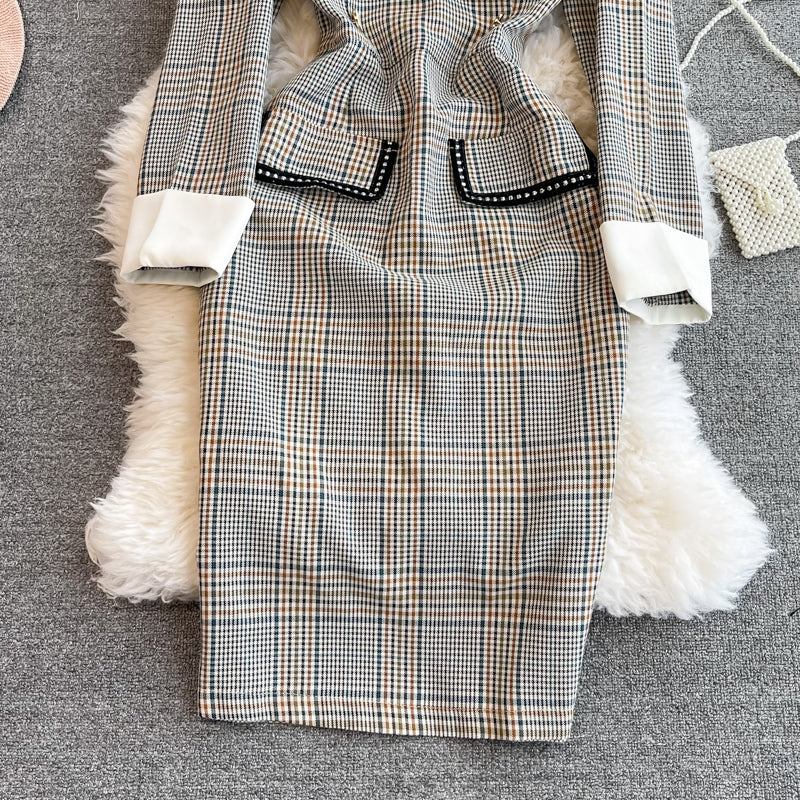 Xiaoxiangfeng doll neck high waist Plaid Dress  3387