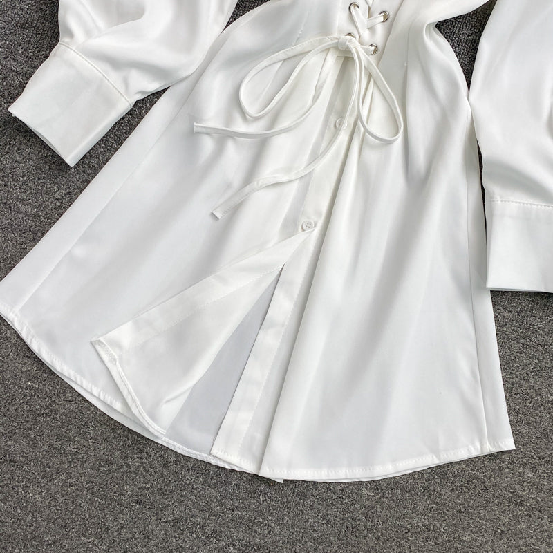 Women's waist closing temperament thin Lapel dress  2863