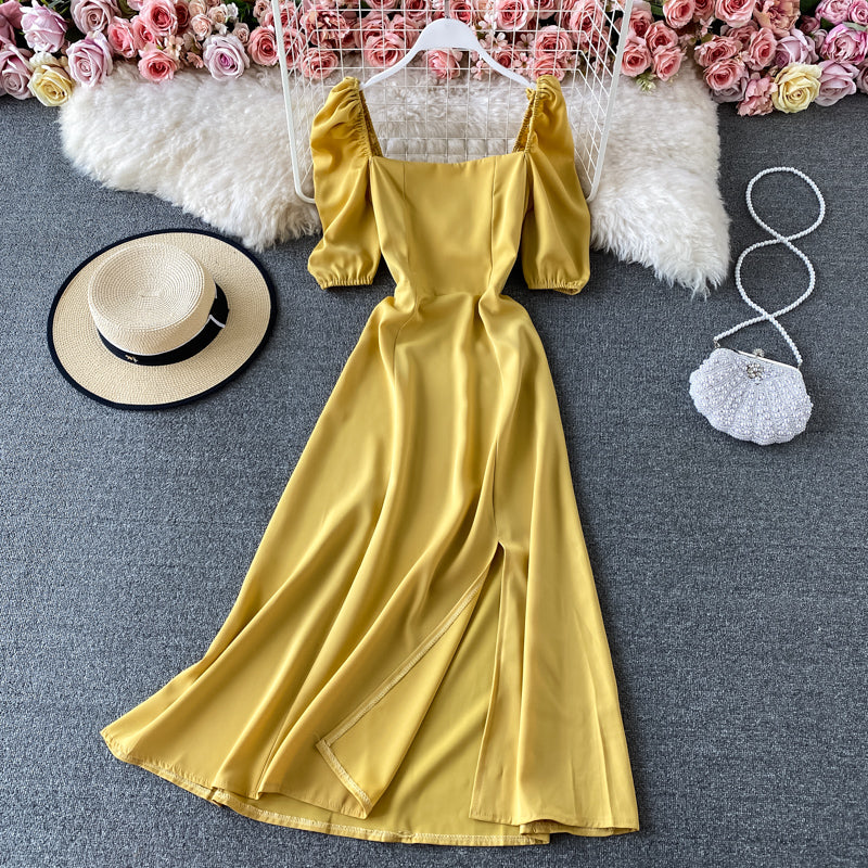 Französisches Retro-Kleid mit eckigem Ausschnitt und Blasenärmeln an der Taille 2940