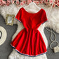 Navy V-neck open chest sexy short sleeve dress  2840
