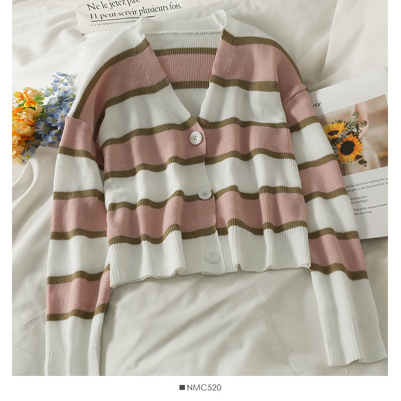 Korean stripe three button low neck thin cardigan long sleeve  1793