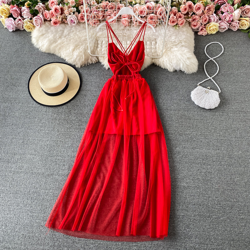 High waist mesh stitched fairy suspender skirt  3310